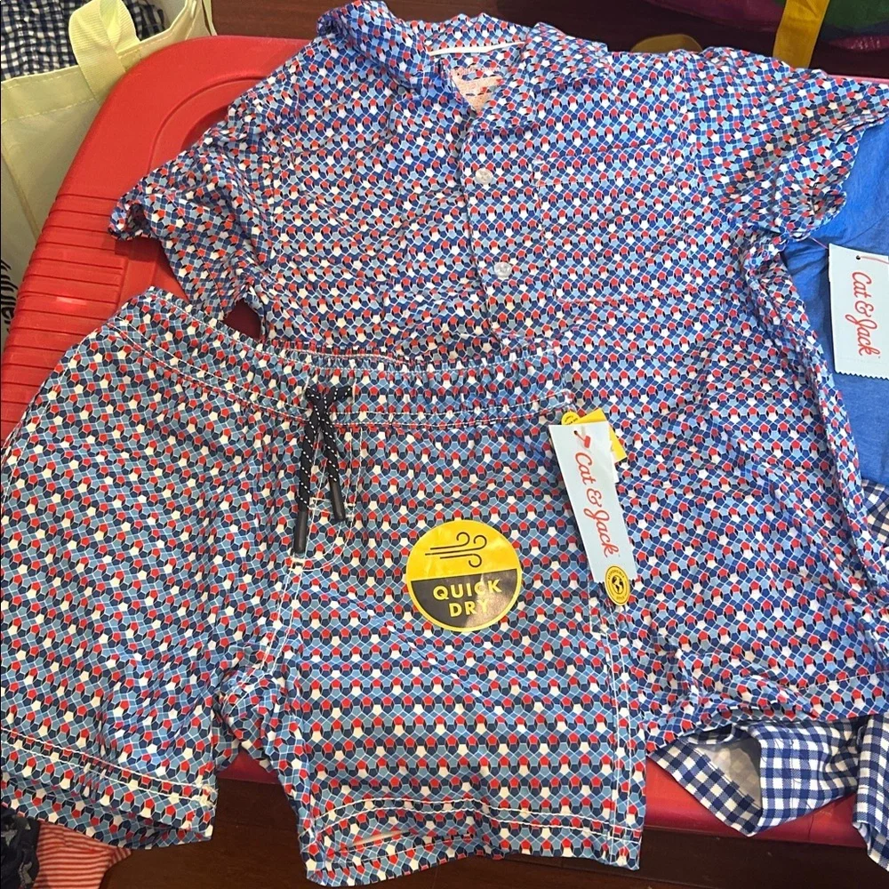 Red White and Blue Swim Trunks Cat & Jack lot with shirt and tee all NWT XS 4/5